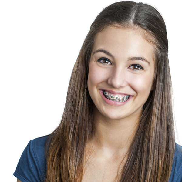 A young lady with long hair and wearing braces